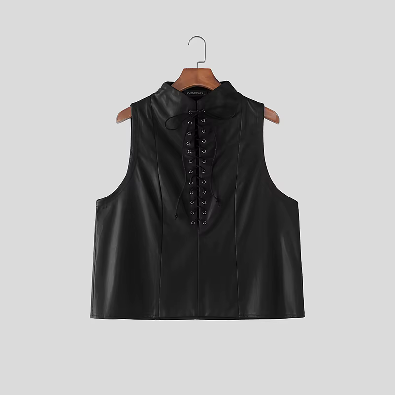 INCERUN – débardeurs en cuir PU pour hommes, hauts sans manches à col montant, gilets à lacets, vête