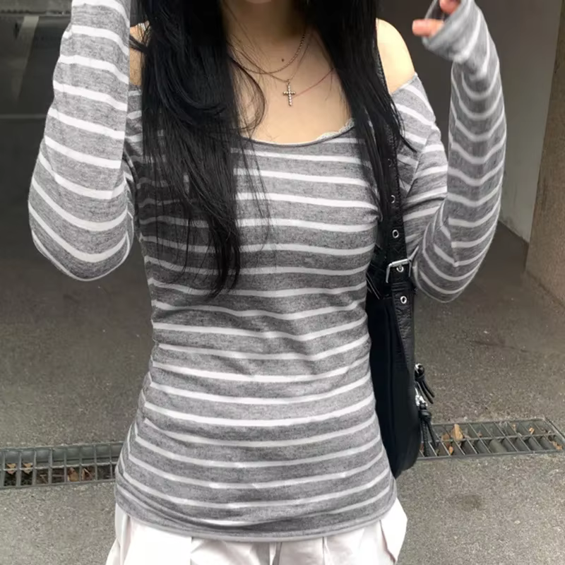 T-Shirt rayé à manches longues pour femmes, nouveaux modèles de base japonais, Slim, sans bretelles,