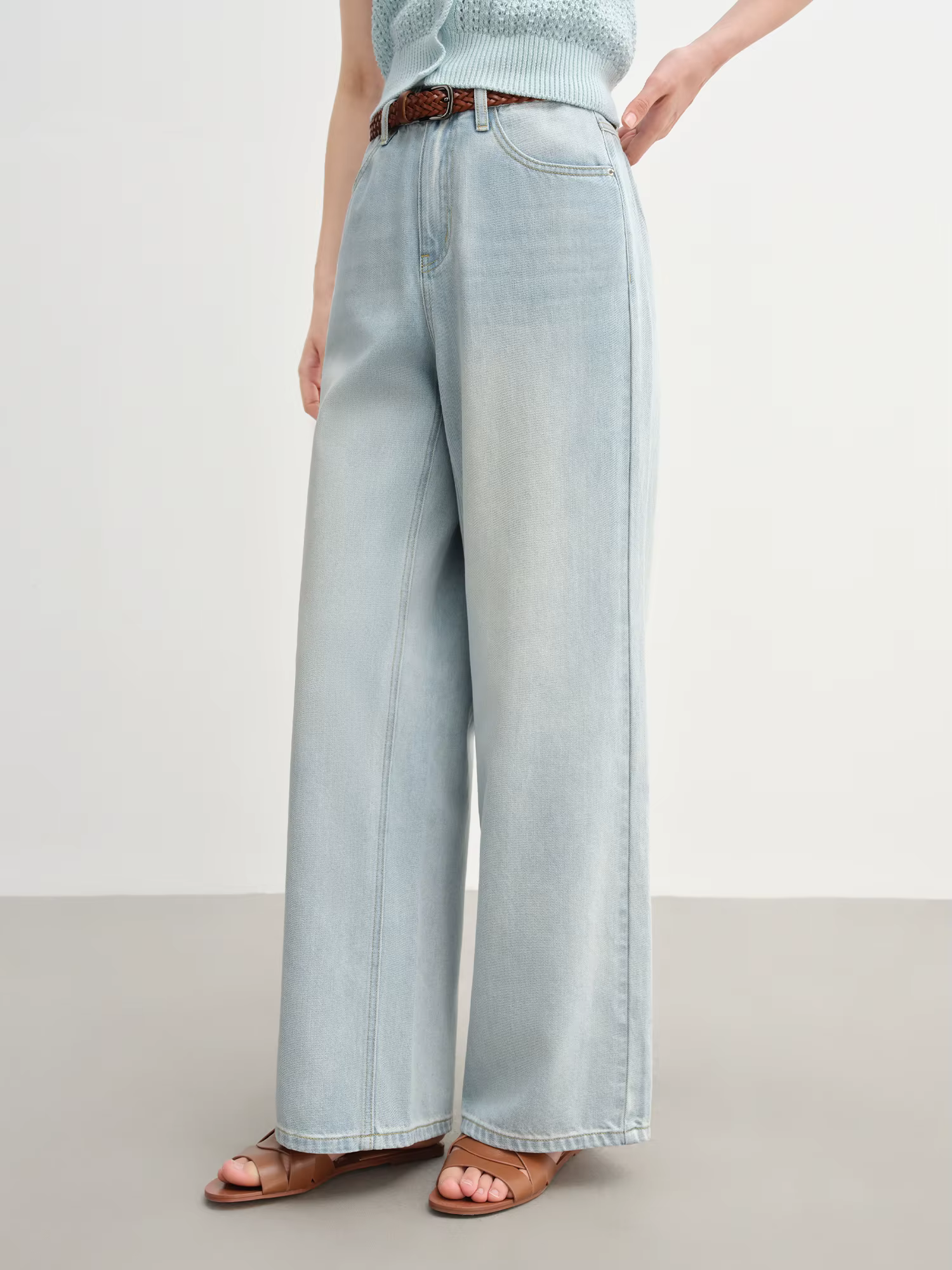 DUSHU jean de couleur claire été 2025 nouveau Style à la mode tout-match taille haute rayé couture p