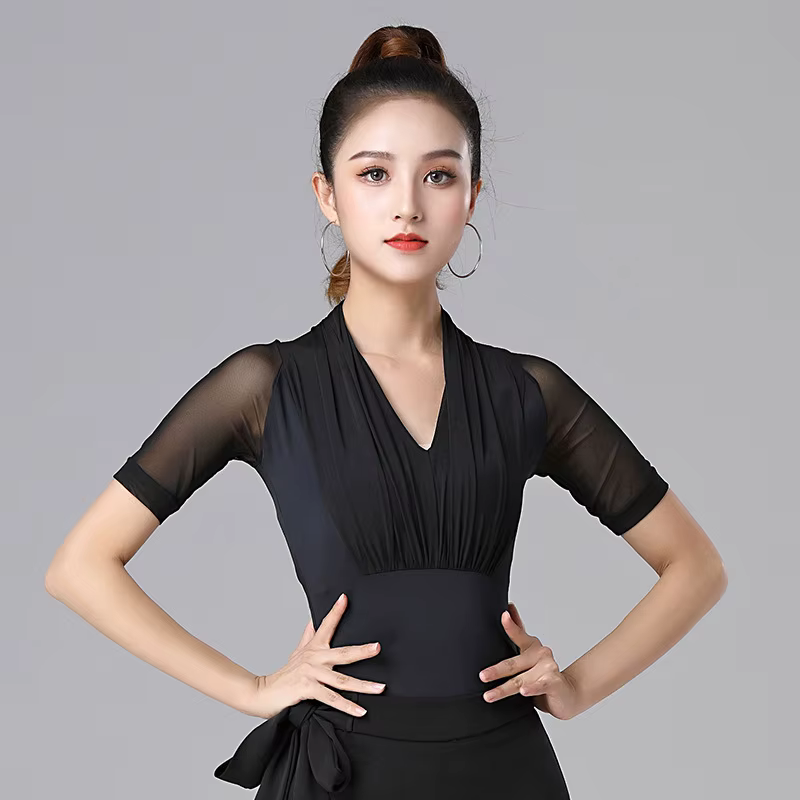 Manches courtes vêtements de danse haut noir nouveaux hauts de danse latine costume de danse femmes