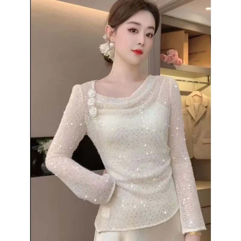 T-shirt à paillettes fines, Chic et Unique, sans contraste, pour femmes, vêtements d'automne
