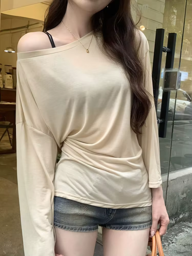 Voir à travers la manches longues surdimensionné t-shirt femmes Sexy dos pansement épaules nues haut
