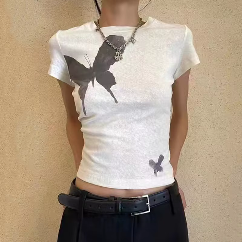 Karrcat-T-shirt imprimé papillon gothique à manches courtes, haut court grunge, t-shirt punk vintage