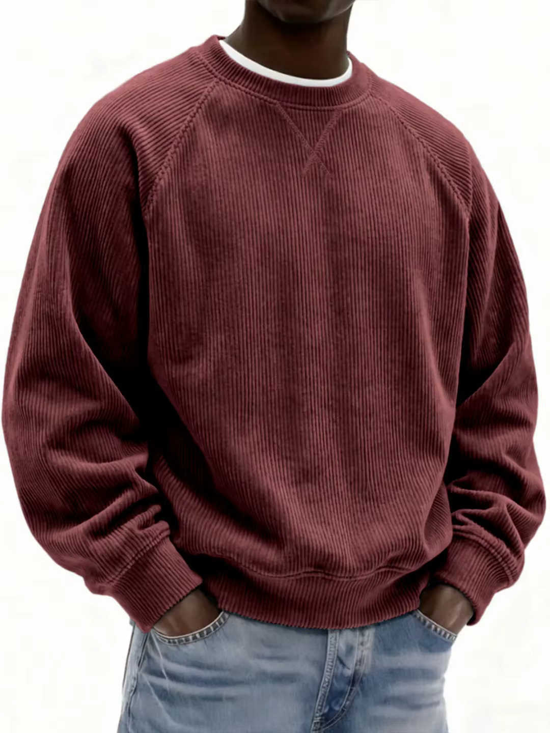 Sweat-shirt col rond en velours côtelé gris pour hommes, surdimensionné, manches longues, décontract