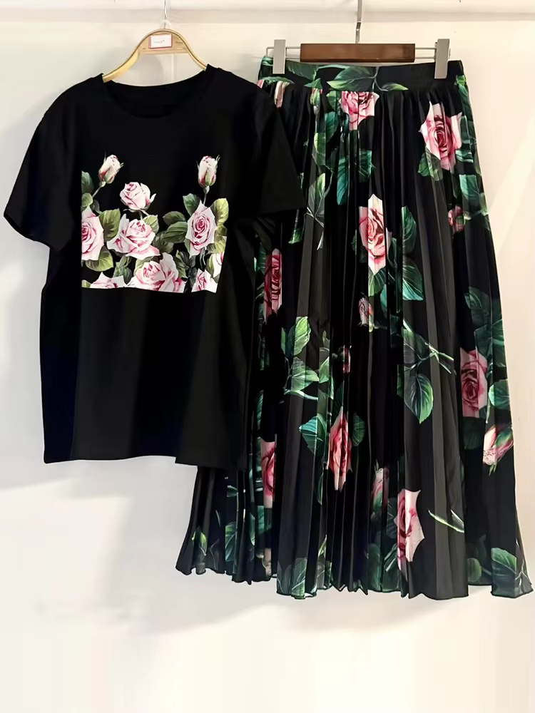 T-shirt rétro à col rond et manches courtes pour l'été, nouveau costume pour femme + jupe imprimée à