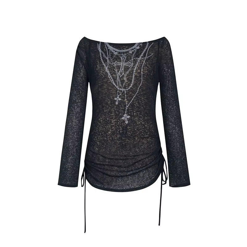 Karrcat Grunge esthétique tricoté hauts Vintage tatouage impression T-shirt Wasteland Punk noir côte