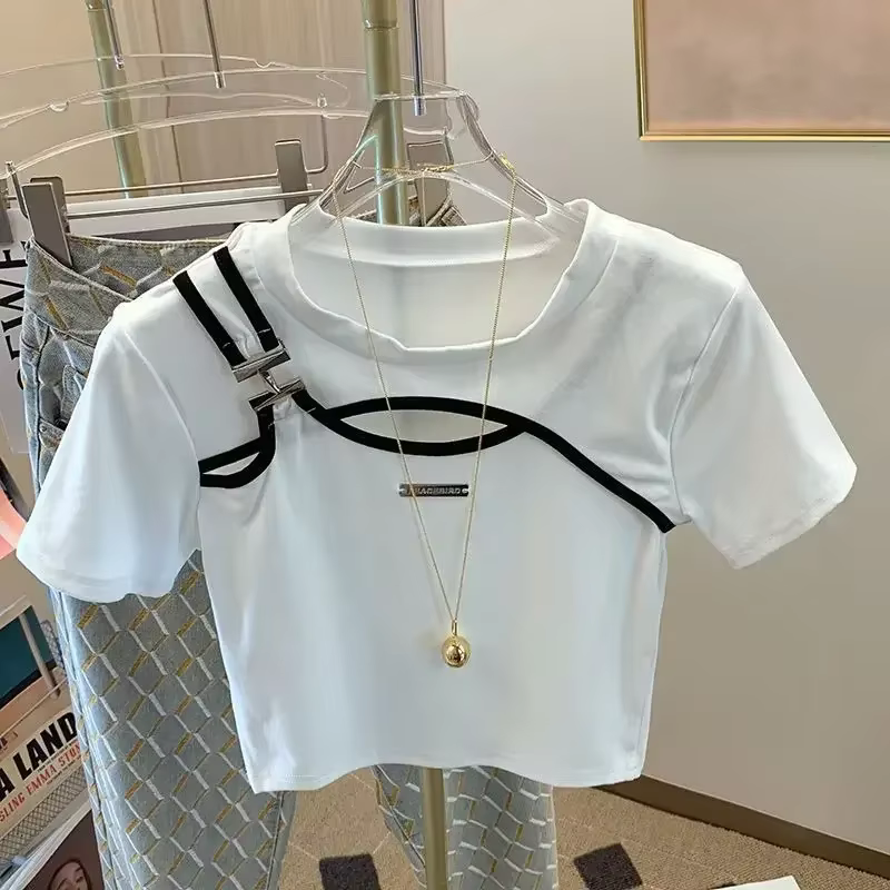 T-shirt à manches courtes en maille ajourée de couleur unie Neploe, haut décontracté unique et simpl