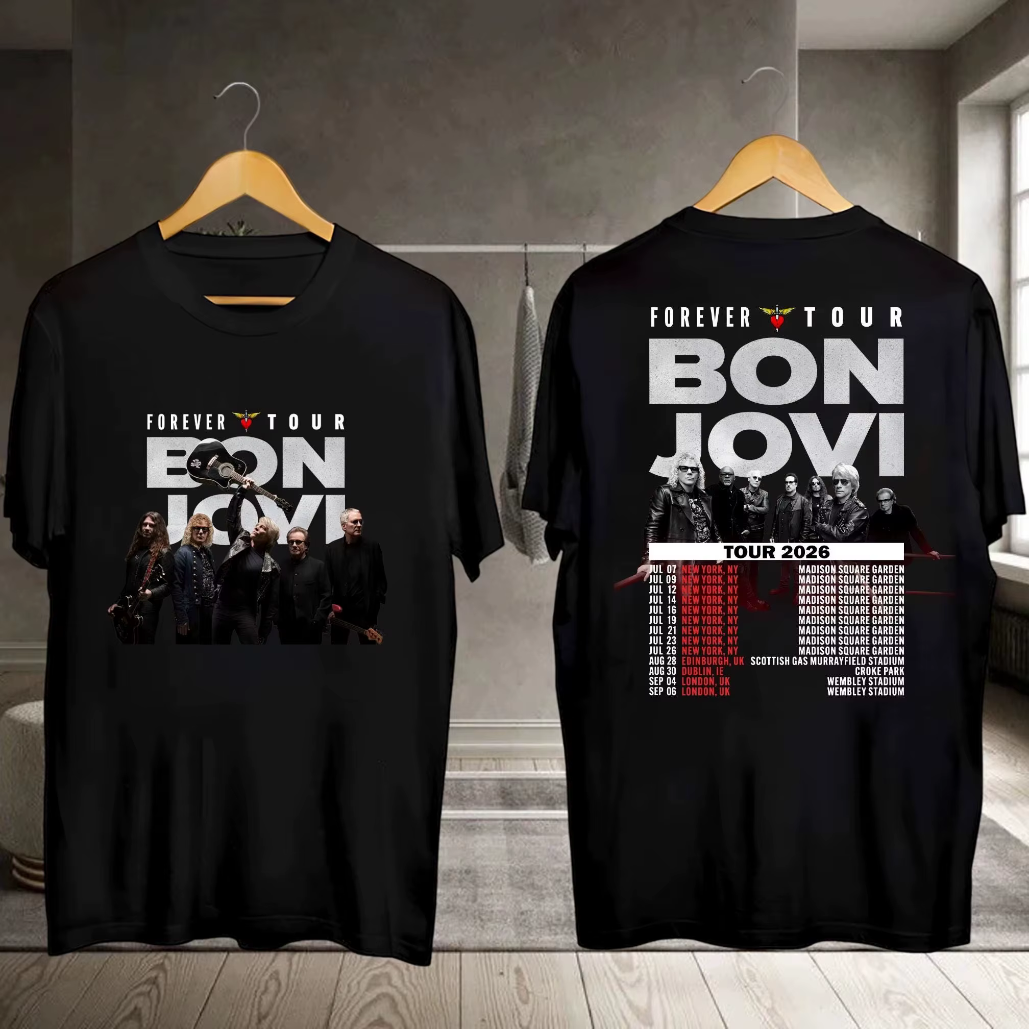 Bon Jovi Forever Tour 2026 Merch T-shirt 100% coton unisexe pour hommes et femmes, T-shirt d'été Vin