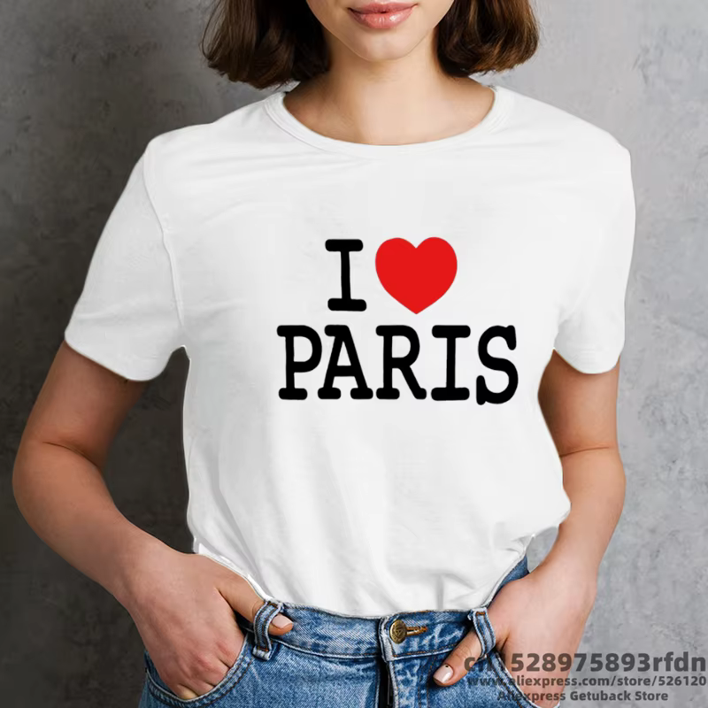 T-shirt imprimé drôle I Love Paris pour femmes, manches courtes d'été, noir, blanc, rose, couleurs Y