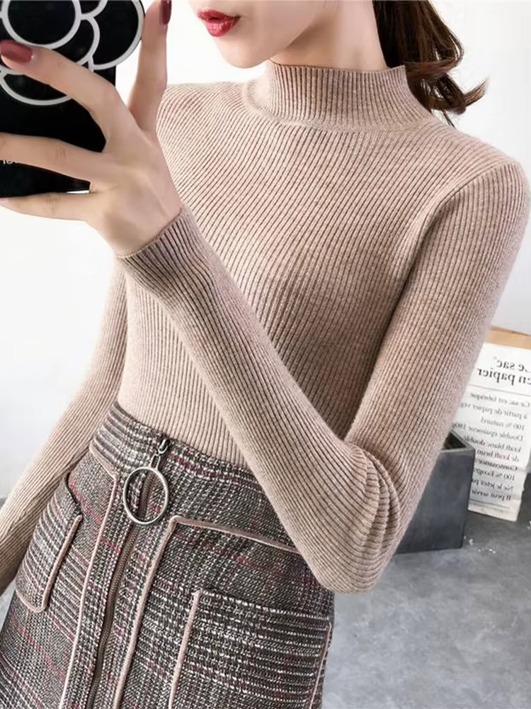 Automne hiver col montant femmes pull Vintage basique solide tricoté hauts décontracté mince pull co