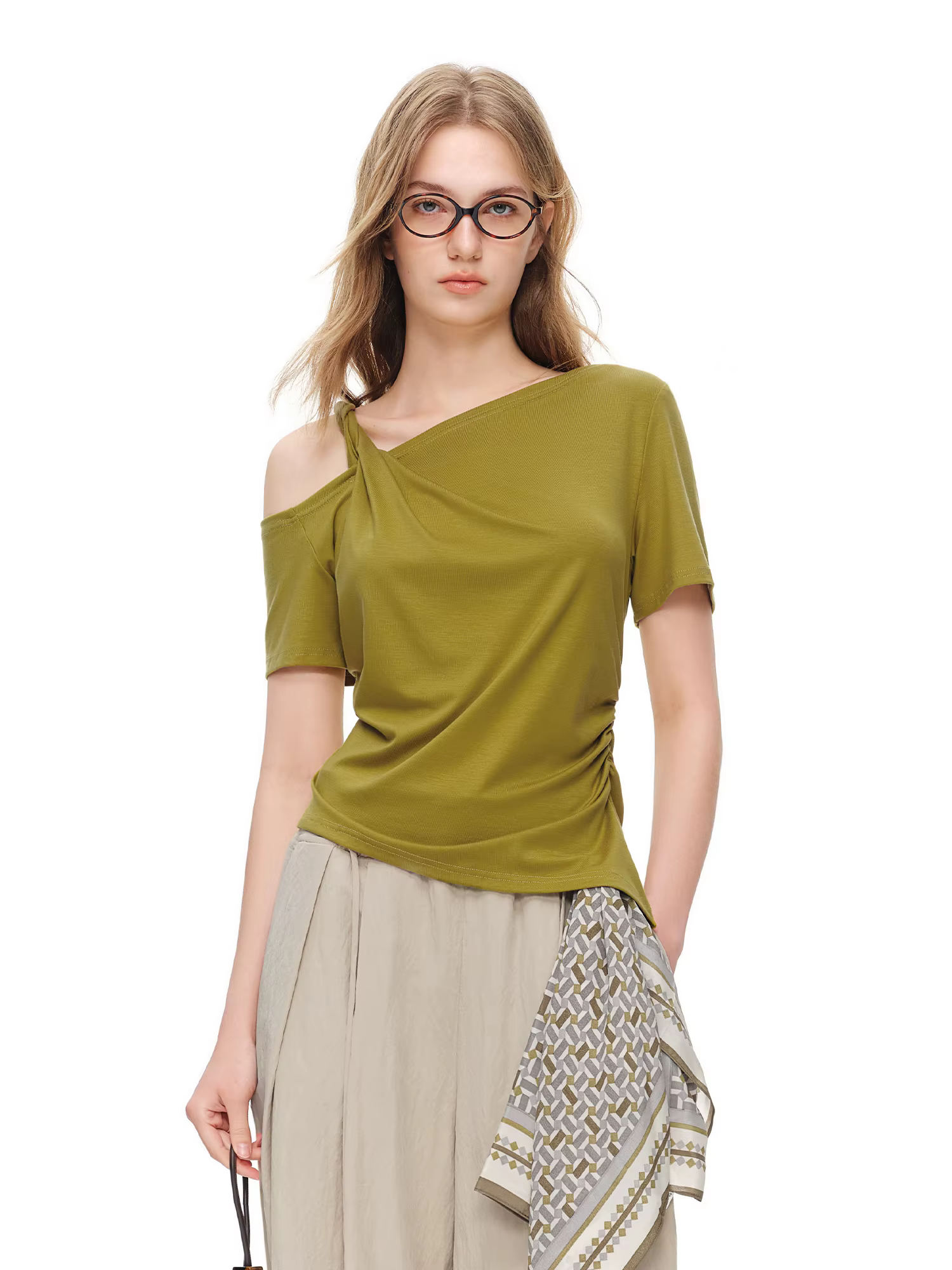 DUSHU T-shirt asymétrique à épaules dénudées pour femme, coupe irrégulière, été 2026, manches courte