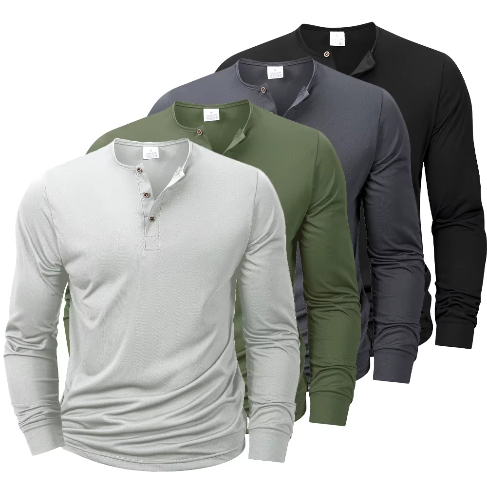 Nouveaux hommes Henley T-shirts à manches longues basique décontracté col de bande T-shirts conforta