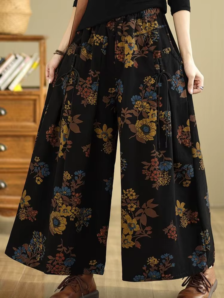 Jean rétro automne fleur imprimé fleuri mode élastique taille haute dames pantalon surdimensionné lo