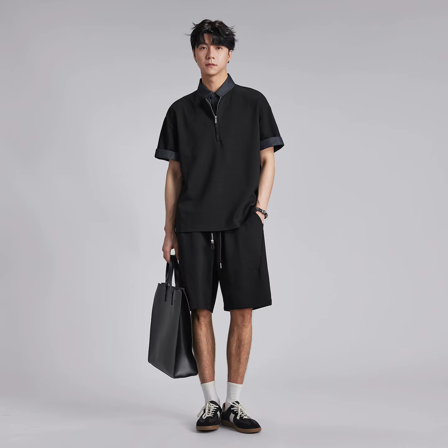 Ensemble Polo Homme Tendance à Col Contrastant et Demi-Zip Effet Deux Pièces, Short Décontracté Ampl