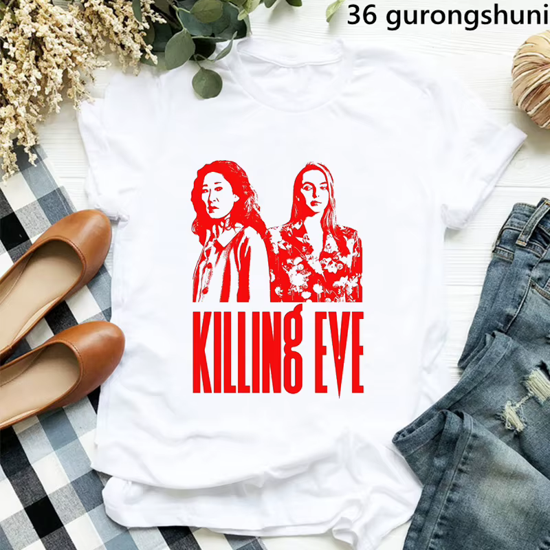 T-shirt manches courtes femme, estival et à la mode, avec poche imprimée, Killing Eve, Harajuku