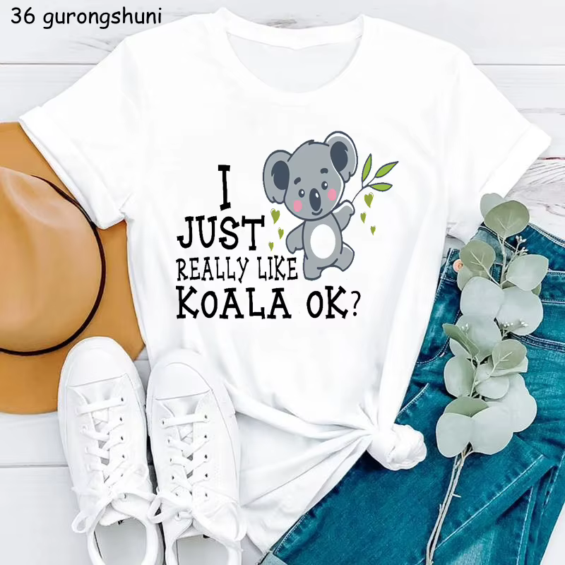T-shirt femme blanc, humoristique et estival, Just A Girl Who Love Koala, Harajuku, Kawaii