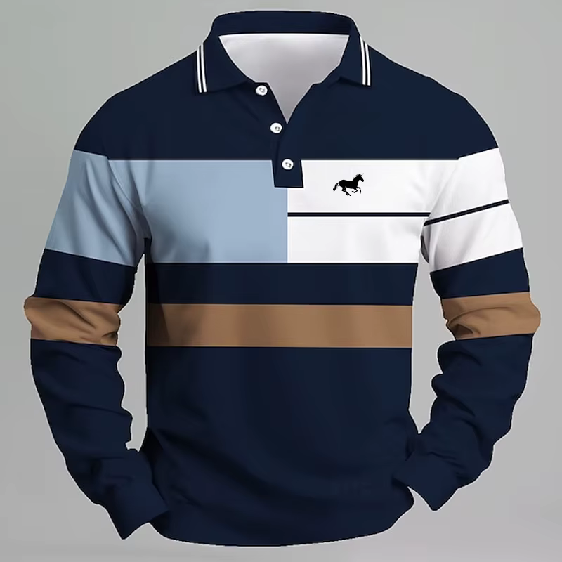 Polo avec logo licorne imprimé rayé pour hommes – T-shirt décontracté à manches longues