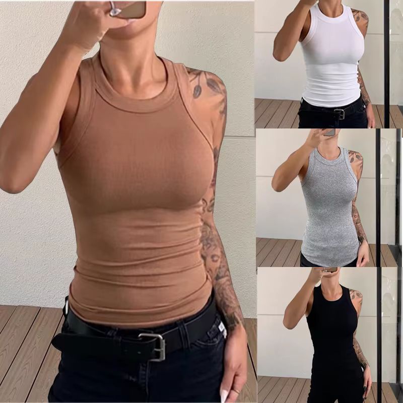 Femmes solide col rond côtelé débardeur été basique élastique débardeurs Camisole Chic mode sans manches maillot de corps hauts pullover