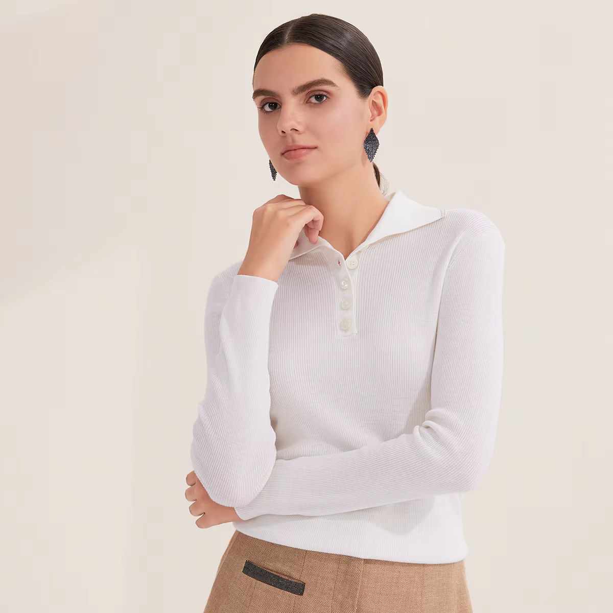 100% laine mérinos pull polo en tricot côtelé pour femme