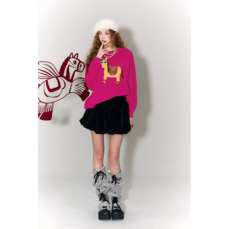 ELFSACK T-shirt à manches longues pour femme avec adorable motif de cheval