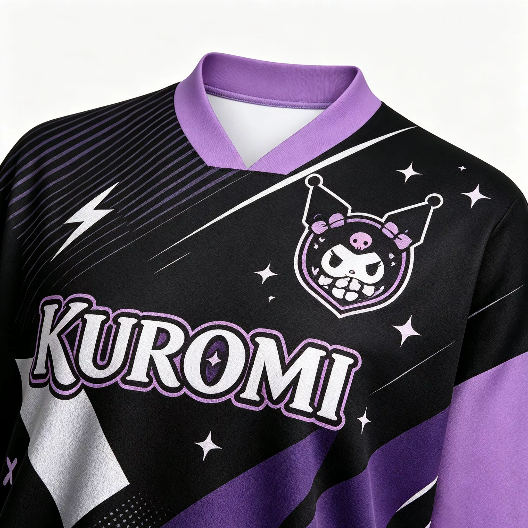 Maillot de football surdimensionné Kuromi pour femme, chemise à manches courtes bicolore noir-violet, haut de sport décontracté et respirant