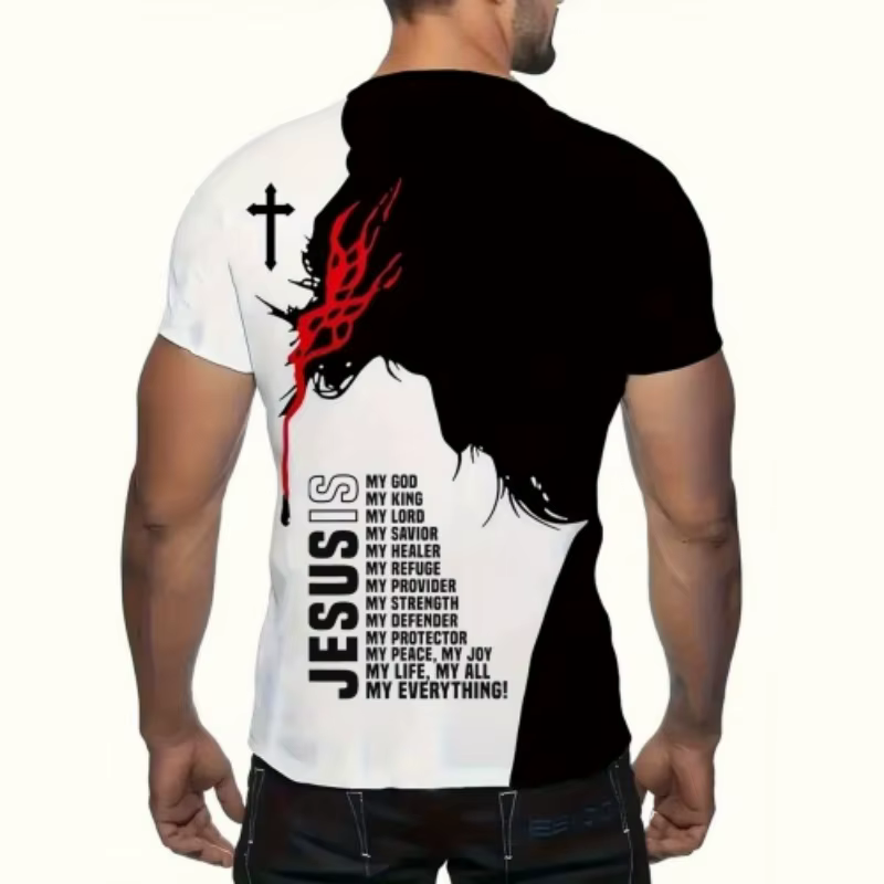 T-shirt Homme Noir et Blanc Imprimé Jésus Croix Chrétienne Graphique Manches Courtes Décontracté Streetwear Quotidien Mode Religieuse Athlétique