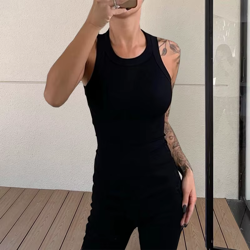 Femmes solide col rond côtelé débardeur été basique élastique débardeurs Camisole Chic mode sans manches maillot de corps hauts pullover
