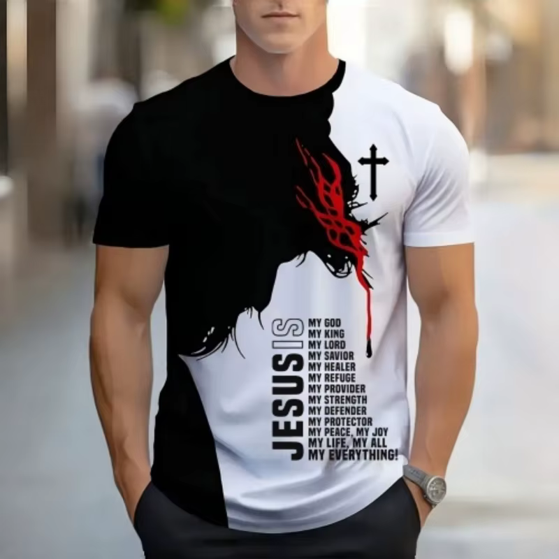 T-shirt Homme Noir et Blanc Imprimé Jésus Croix Chrétienne Graphique Manches Courtes Décontracté Streetwear Quotidien Mode Religieuse Athlétique