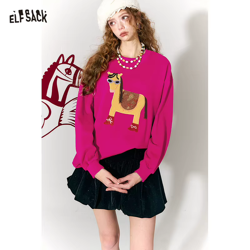 ELFSACK T-shirt à manches longues pour femme avec adorable motif de cheval