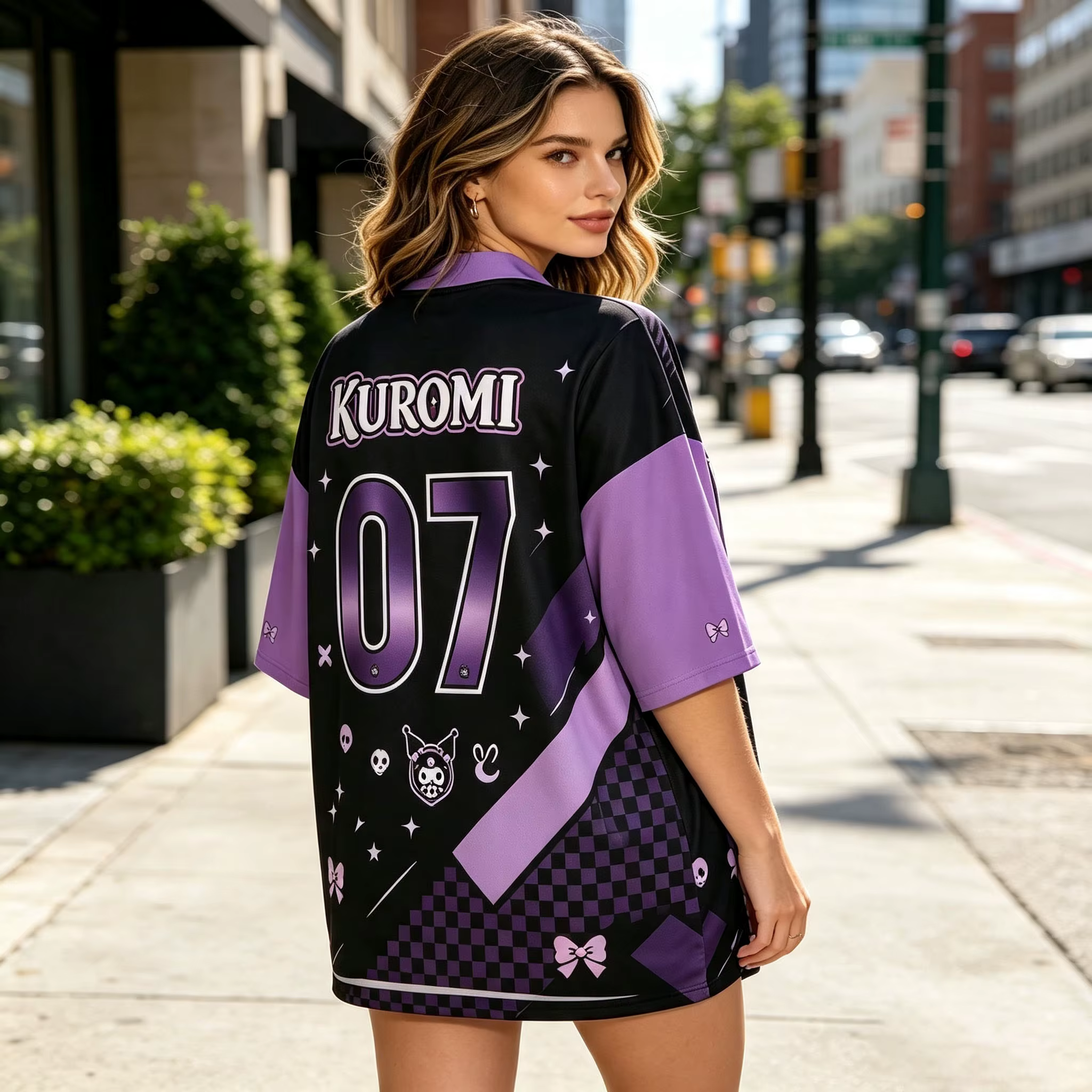 Maillot de football surdimensionné Kuromi pour femme, chemise à manches courtes bicolore noir-violet, haut de sport décontracté et respirant