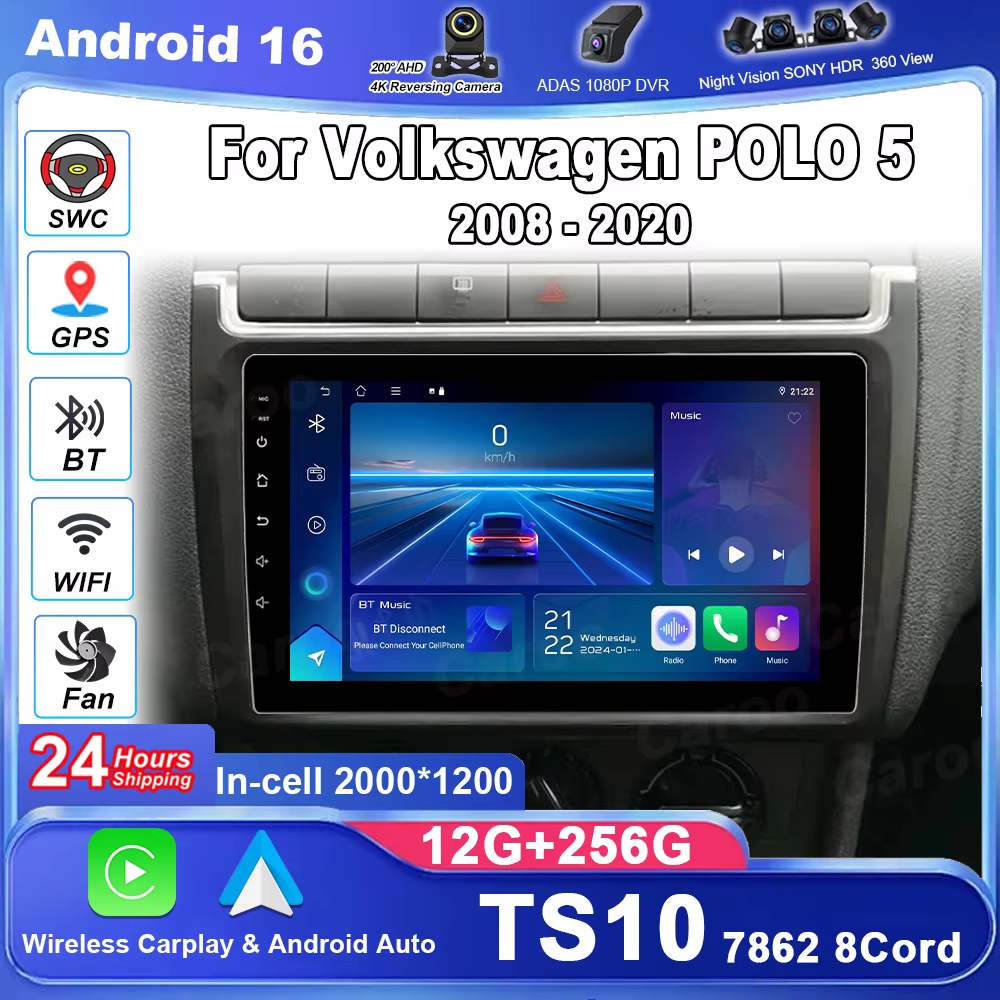 Android 16 Carplay Car pour Volkswagen POLO 5 2008 - 2020 Autoradio Stéréo Lecteur Multimidia GPS Navigation
