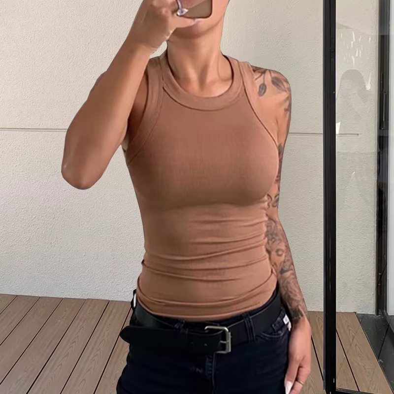 Femmes solide col rond côtelé débardeur été basique élastique débardeurs Camisole Chic mode sans manches maillot de corps hauts pullover