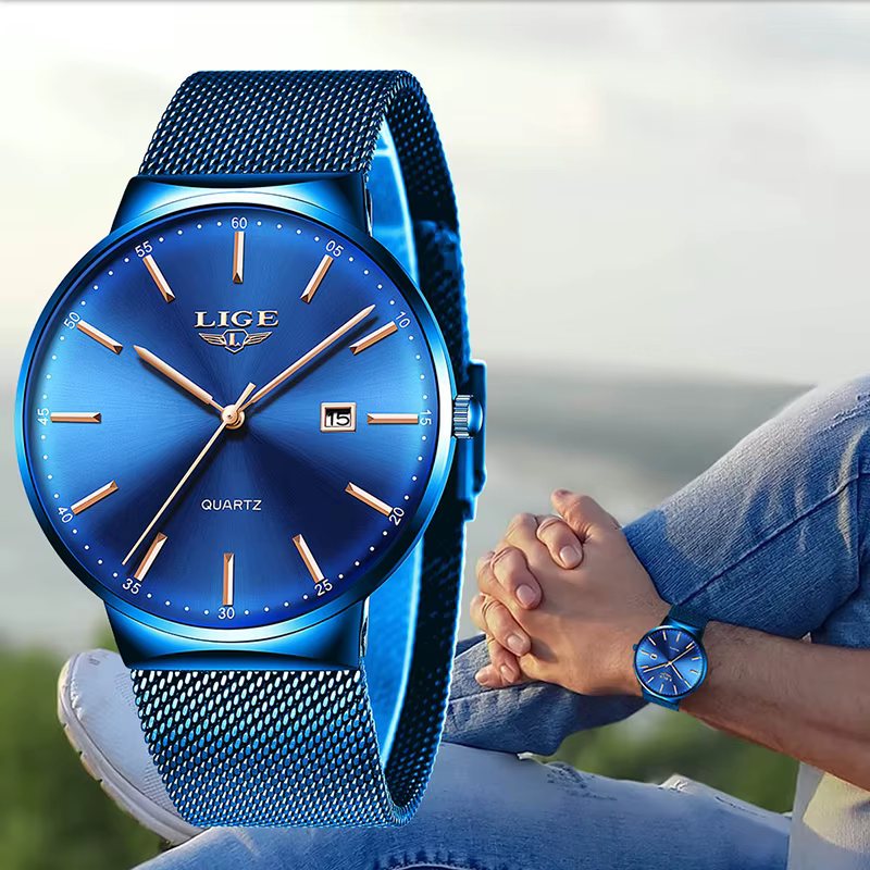 LIGE 2025 nouvelles montres pour hommes haut de gamme marque homme mode bleu Quartz montre-bracelet Sport montre étanche