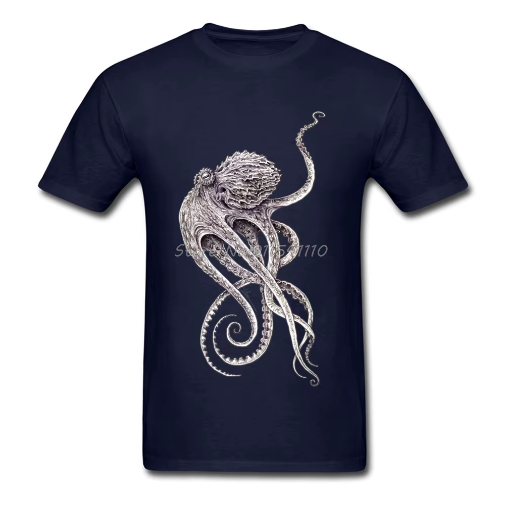 T-shirt noir rétro hommes élégant imprimé poulpe