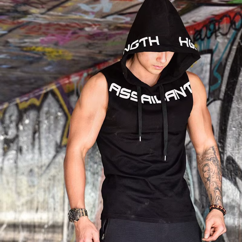 Hommes débardeurs vêtements de sport Fitness sweat à capuche sans manches gilets coton Singlets