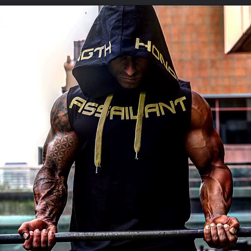 Hommes débardeurs vêtements de sport Fitness sweat à capuche sans manches gilets coton Singlets