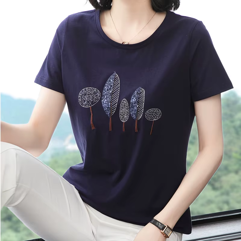 T-Shirt à paillettes Femme 2025 haut d'été broderie coton