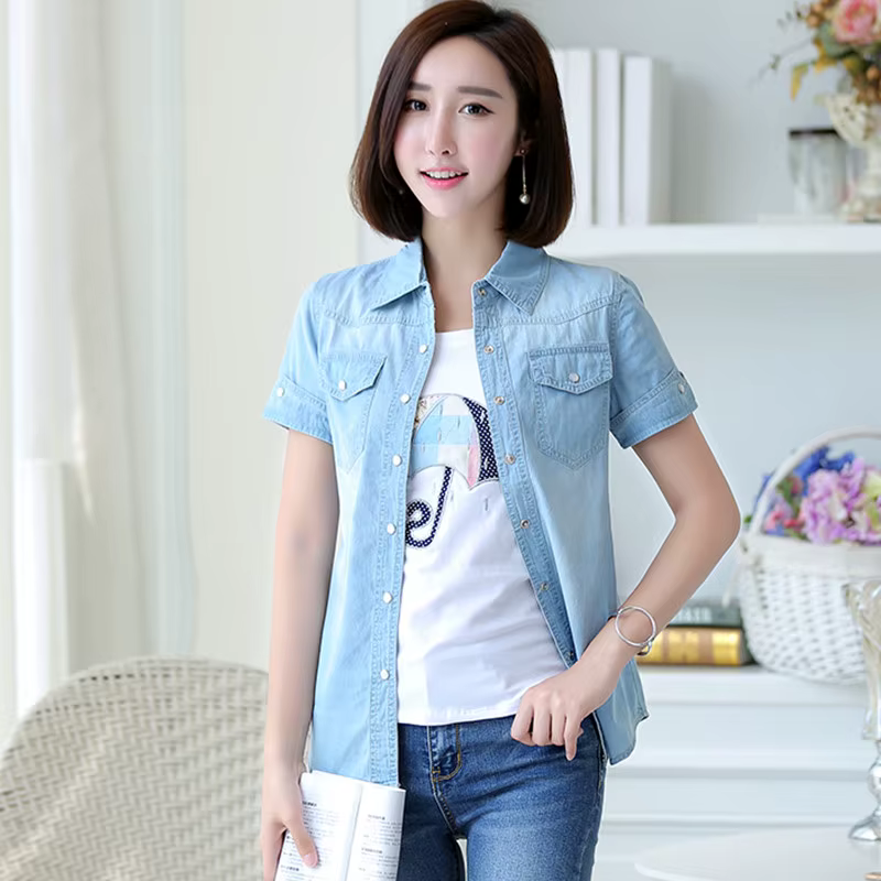 S-3XL Chemise en Denim pour Femmes été Nouvelle Mode Décontractée Manches Сourtes Вoutons Slim Tops fins, Сhemisier étudiante Сhemises en Сoton
