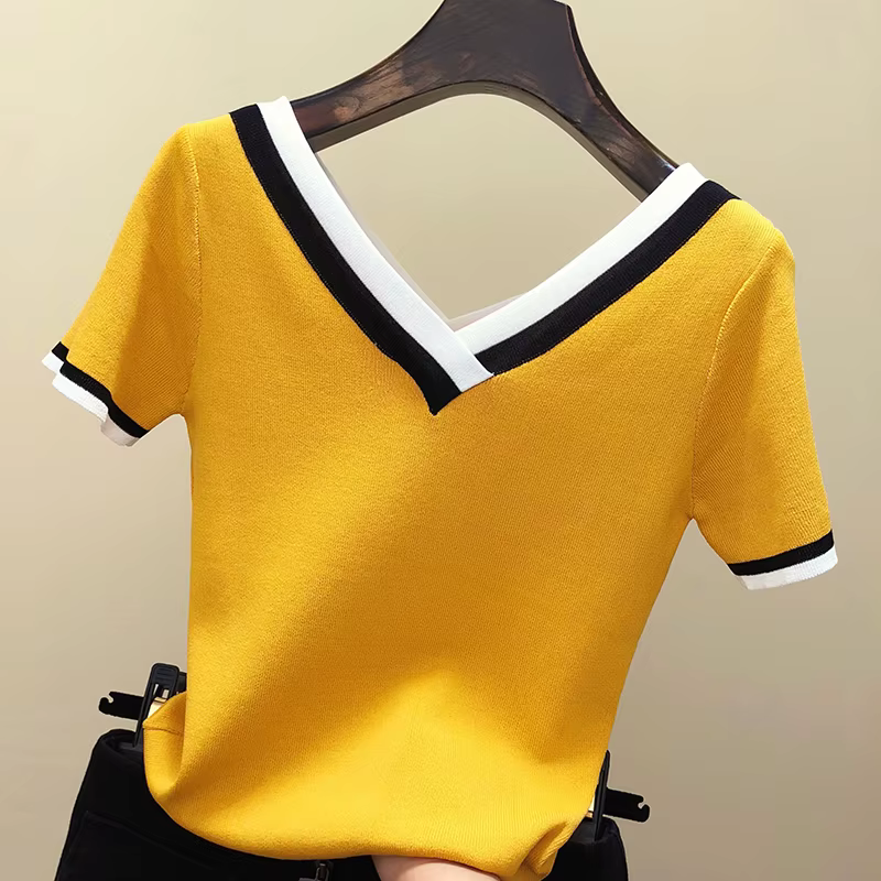 T-shirt rayé à col en V pour femmes, haut d'été, vêtements pour femmes, 2024