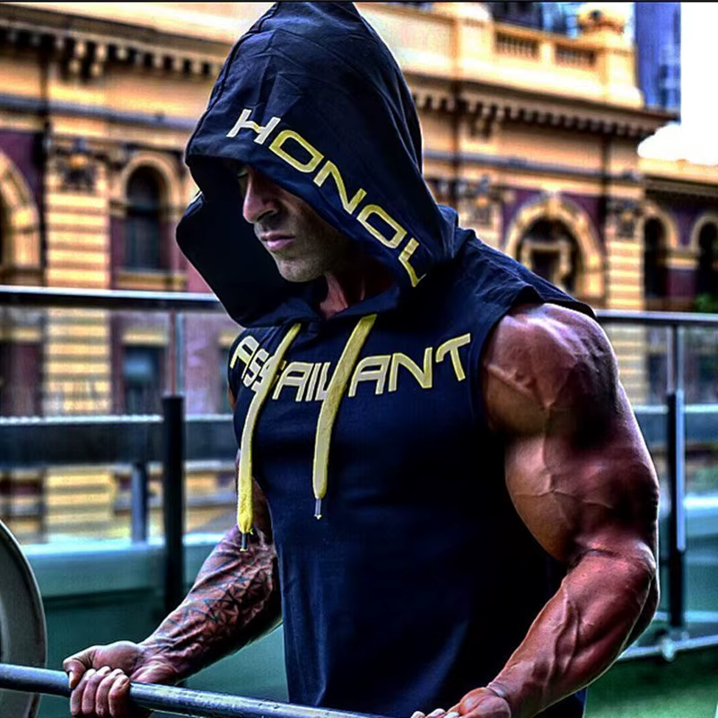 Hommes débardeurs vêtements de sport Fitness sweat à capuche sans manches gilets coton Singlets