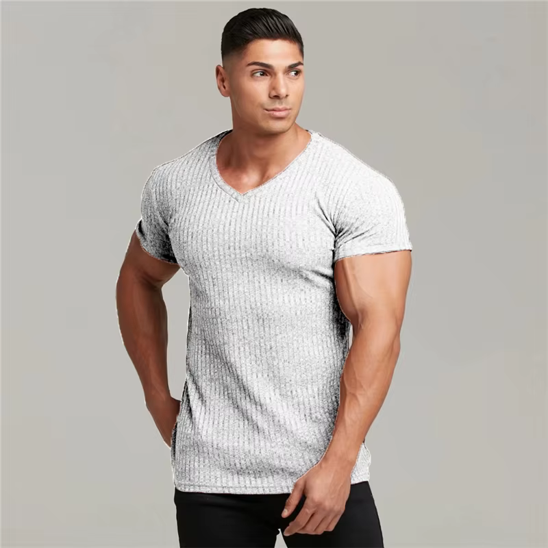 Hommes col en V à manches courtes T-shirt Fitness coupe ajustée bandes de sport