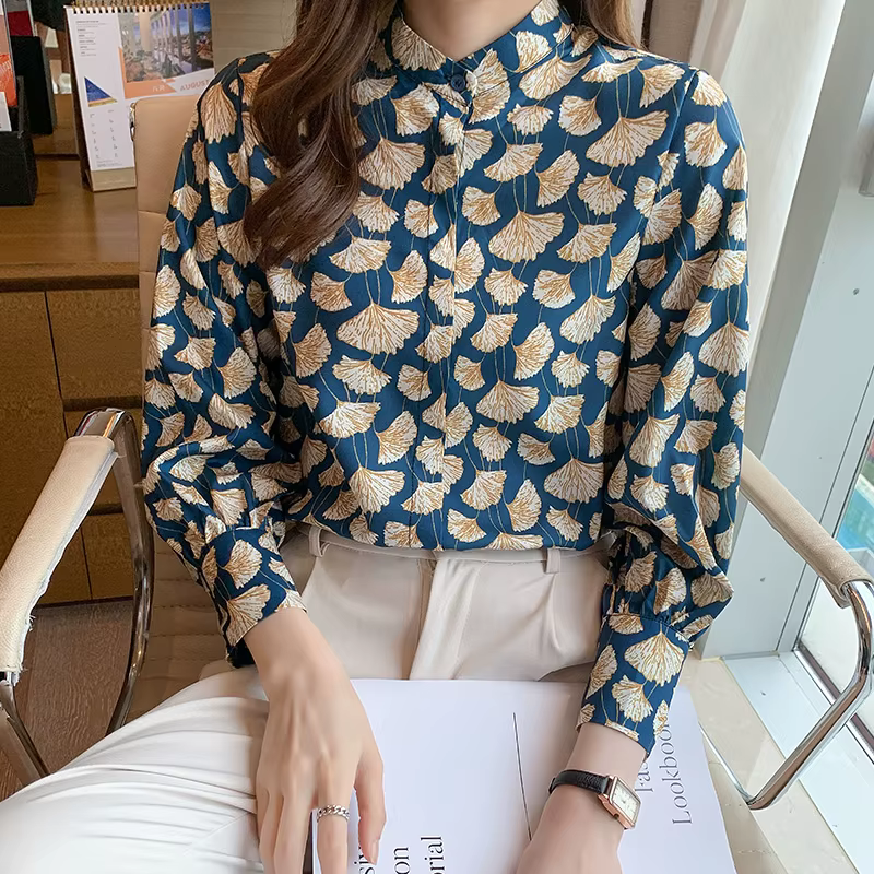 Style français femmes Blouses ginkgo imprimé dames chemises printemps automne à manches longues dessus de chemise Blusas Mujer