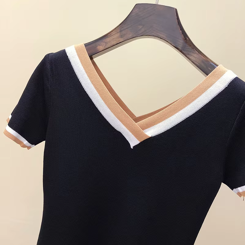 T-shirt rayé à col en V pour femmes, haut d'été, vêtements pour femmes, 2024