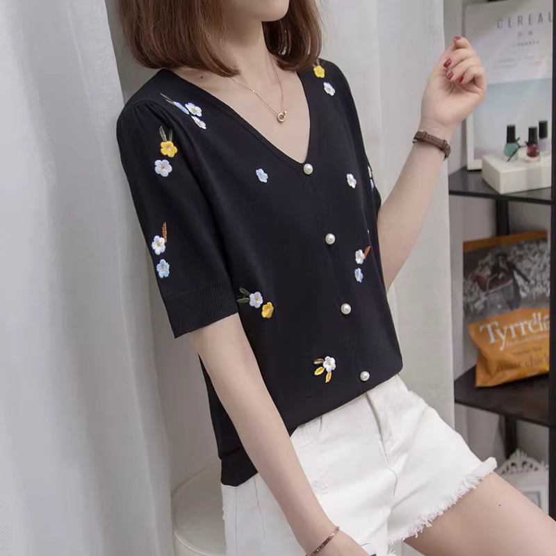 T-shirt femmes 2025 été col en v coton pull