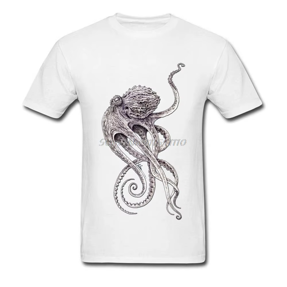 T-shirt noir rétro hommes élégant imprimé poulpe