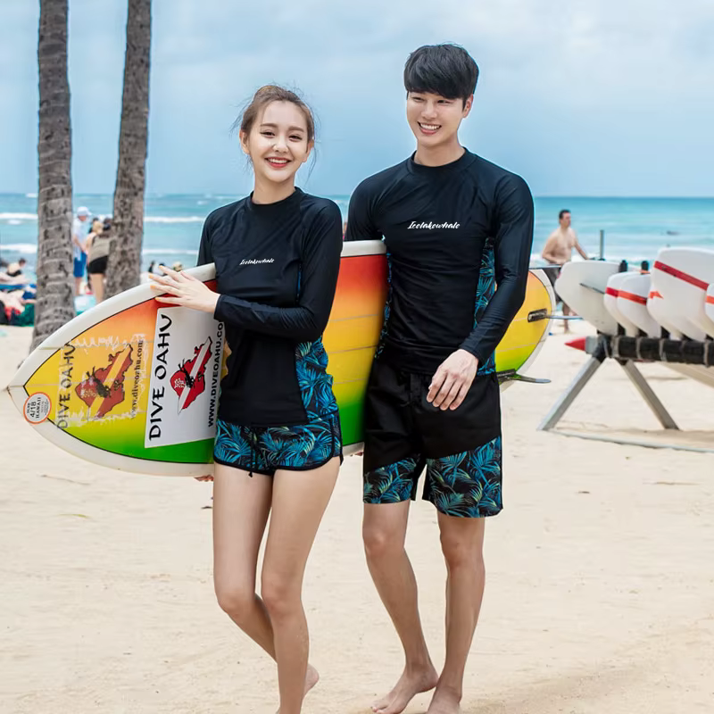 Chemise et pantalon Rash Guard à manches longues pour hommes et femmes, maillot de bain, maillots de bain, tapis de surf, noir, ensemble de 4 pièces