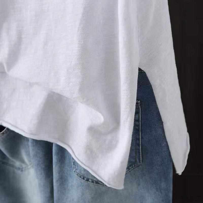 T-shirt à capuche pour femmes 2025 Original 95% coton été nouveau Style ample coton à manches courtes trou littéraire décontracté femmes vêtements