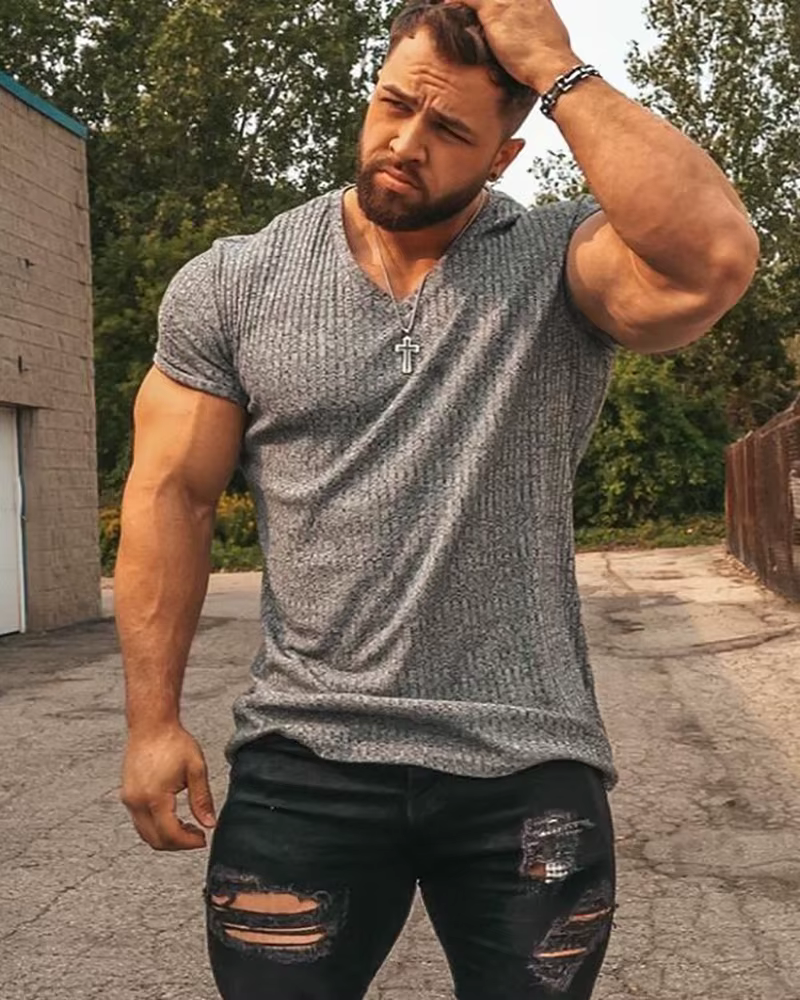 Hommes col en V à manches courtes T-shirt Fitness coupe ajustée bandes de sport