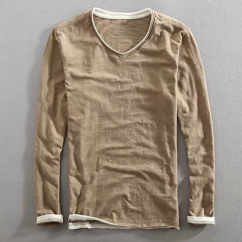 Hommes à manches longues T-shirt coton col en v solide décontracté hauts t-shirts