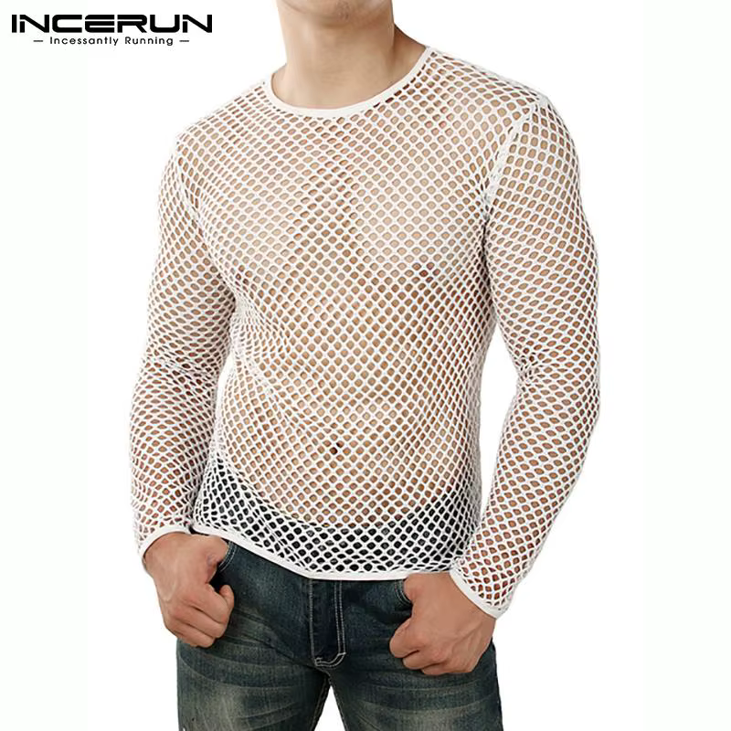 T-shirt à manches longues en maille transparente pour hommes